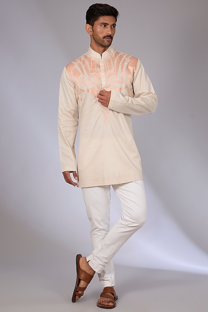 Beige Cotton Satin Aari Embroidered Short Kurta by Arun Verma at Pernia's Pop Up Shop