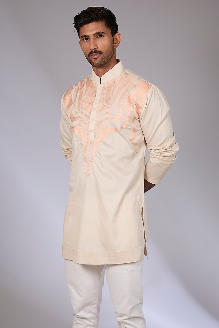 Beige Cotton Satin Aari Embroidered Short Kurta by Arun Verma
