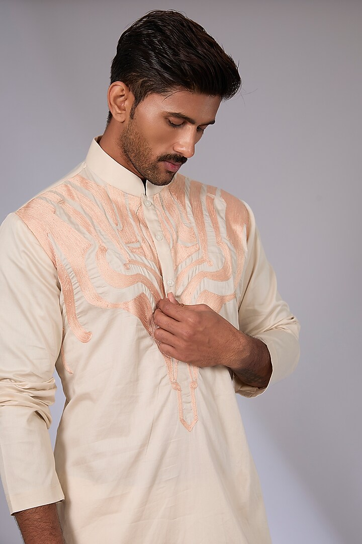 Beige Cotton Satin Aari Embroidered Short Kurta by Arun Verma at Pernia's Pop Up Shop