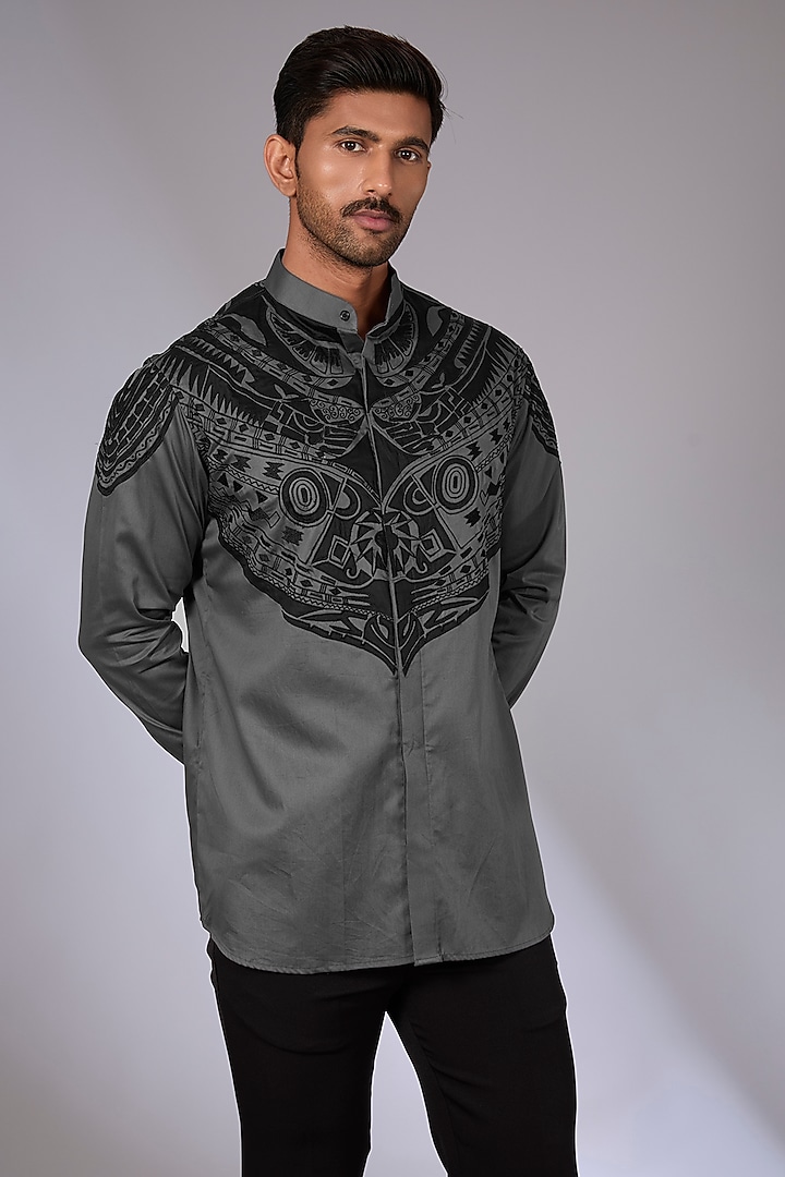 Grey Cotton Applique & Resham Embroidered Shirt by Arun Verma