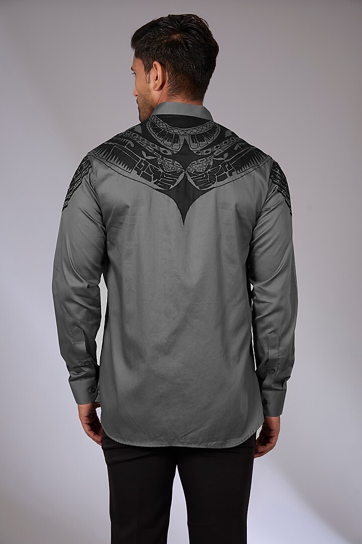 Grey Cotton Applique & Resham Embroidered Wedding Shirt by Arun Verma at Pernia's Pop Up Shop