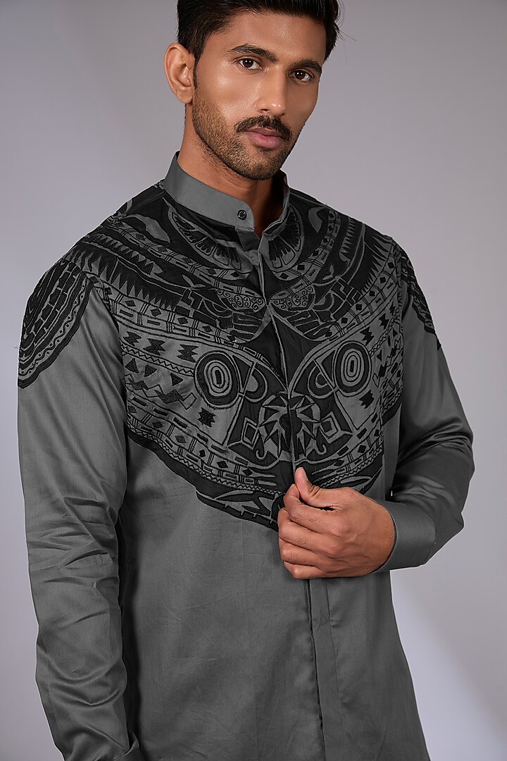 Grey Cotton Applique & Resham Embroidered Wedding Shirt by Arun Verma at Pernia's Pop Up Shop