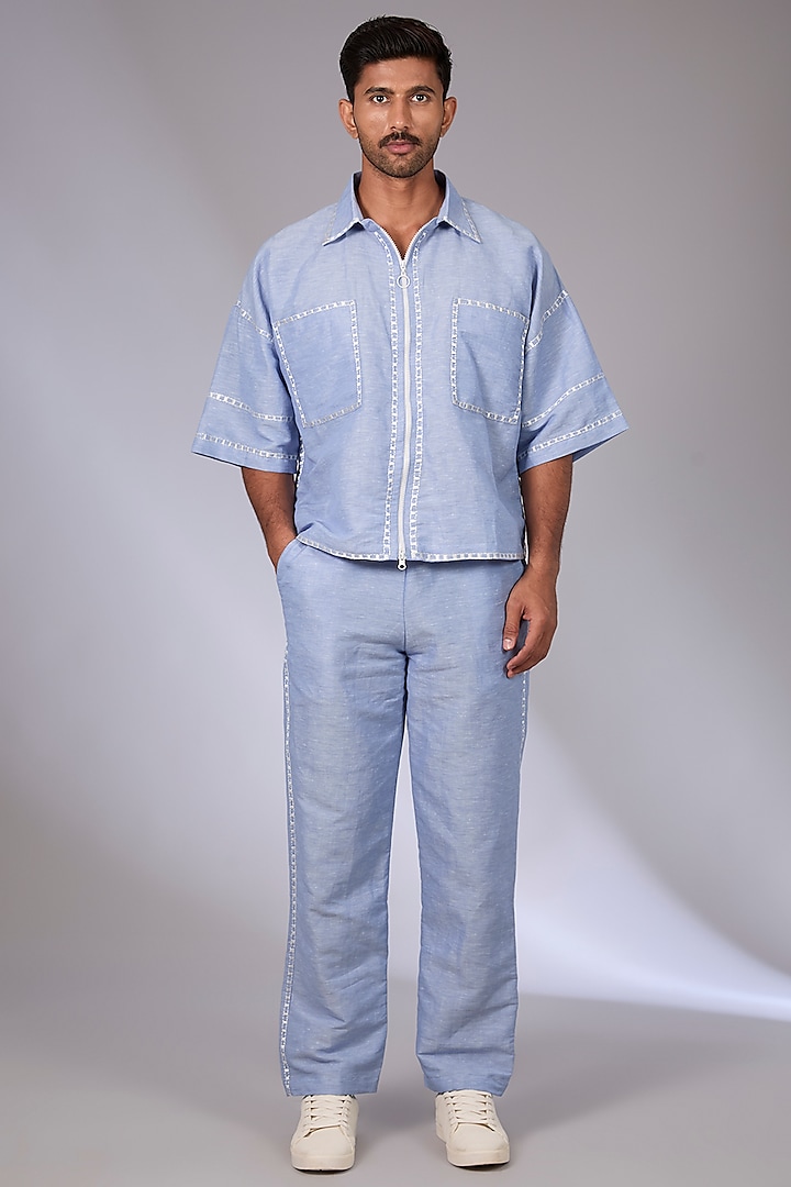 Pale Blue Linen Thread Embroidered Co-Ord Set by Arun Verma