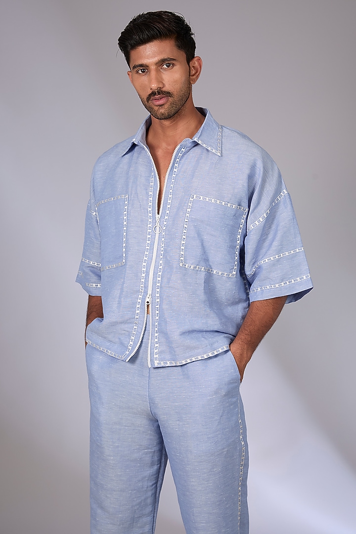 Pale Blue Linen Thread Embroidered Co-Ord Set by Arun Verma at Pernia's Pop Up Shop