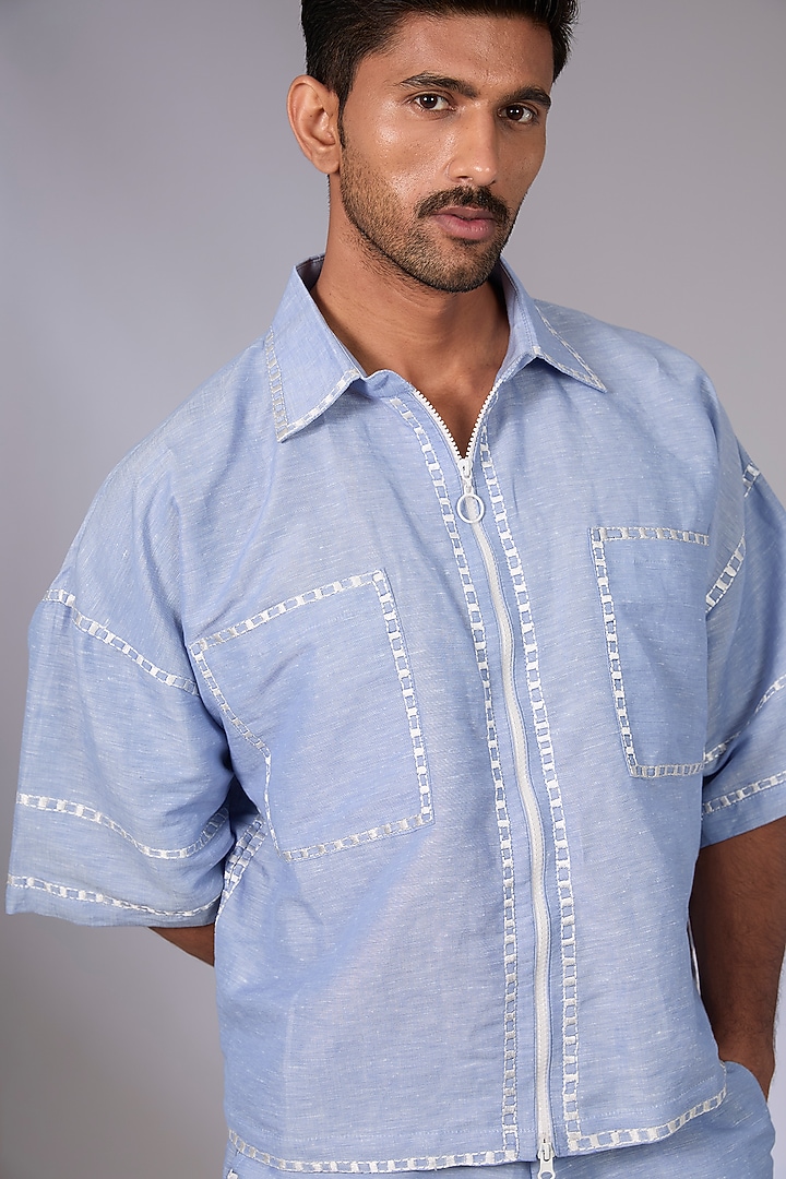 Pale Blue Linen Thread Embroidered Co-Ord Set by Arun Verma at Pernia's Pop Up Shop