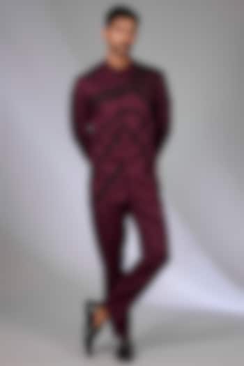 Wine Twill Patch Work Bandhgala Set by Arun Verma