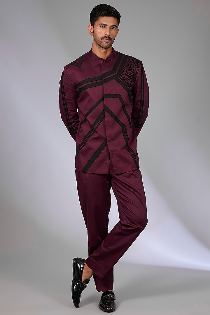 Wine Twill Patch Work Bandhgala Set by Arun Verma