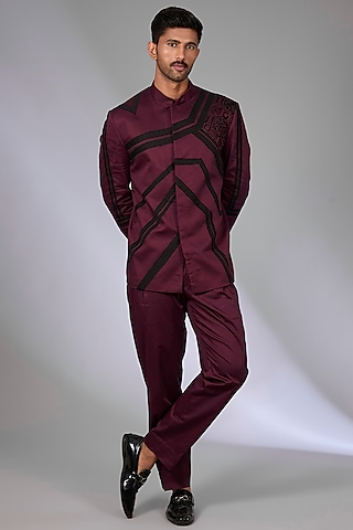 Wine Twill Patch Work Bandhgala Set by Arun Verma