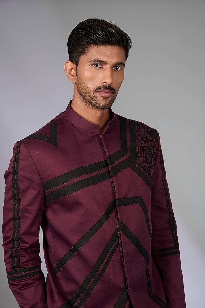 Wine Twill Patch Work Wedding Bandhgala Set by Arun Verma at Pernia's Pop Up Shop