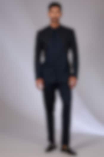 Blue Twill Patch Work Bandhgala Set by Arun Verma