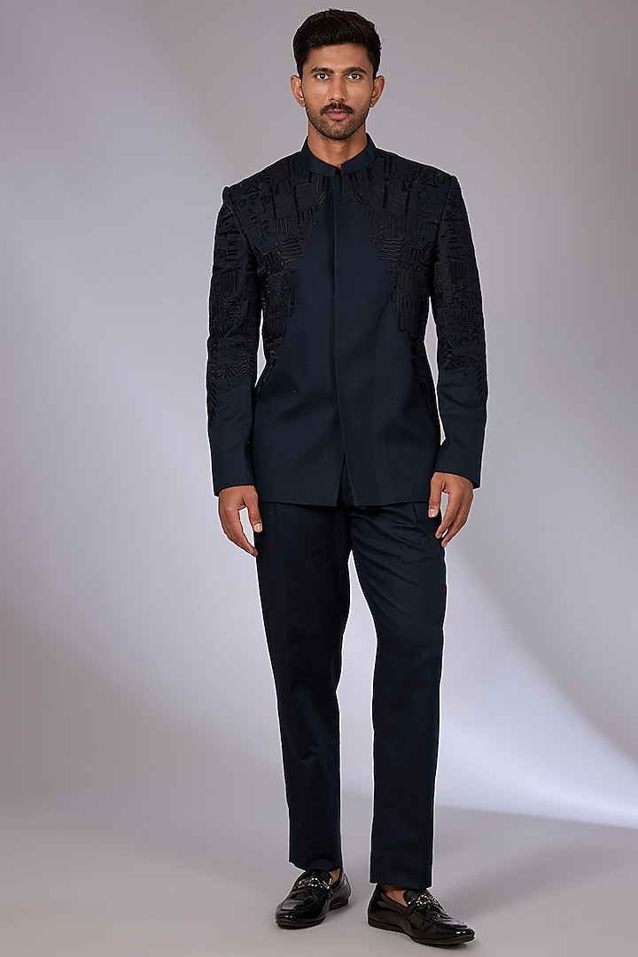 Blue Twill Patch Work Bandhgala Set by Arun Verma