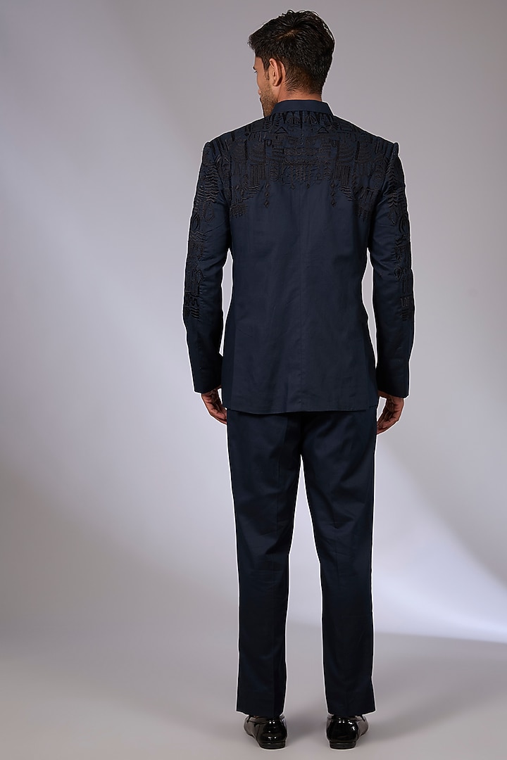 Blue Twill Patch Work Wedding Bandhgala Set by Arun Verma at Pernia's Pop Up Shop