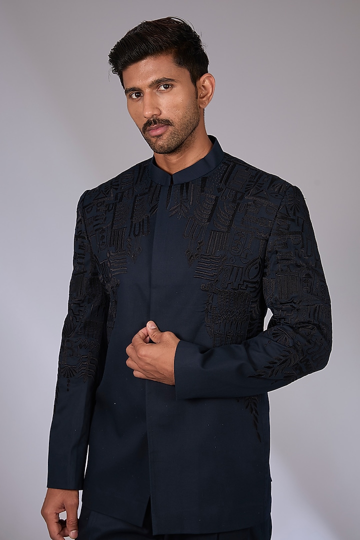Blue Twill Patch Work Wedding Bandhgala Set by Arun Verma at Pernia's Pop Up Shop