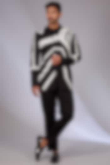 Black Twill Patch Work Bandhgala Set by Arun Verma