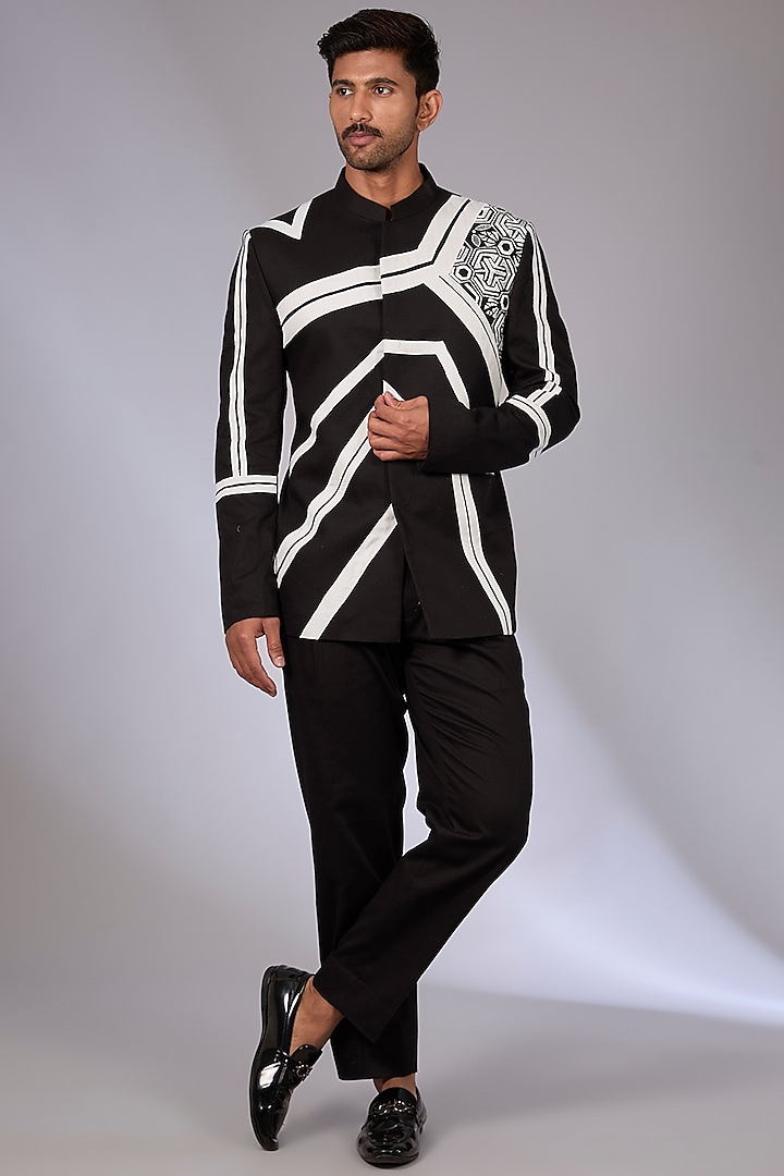 Black Twill Patch Work Bandhgala Set by Arun Verma