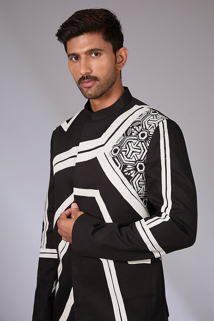 Black Twill Patch Work Wedding Bandhgala Set by Arun Verma at Pernia's Pop Up Shop