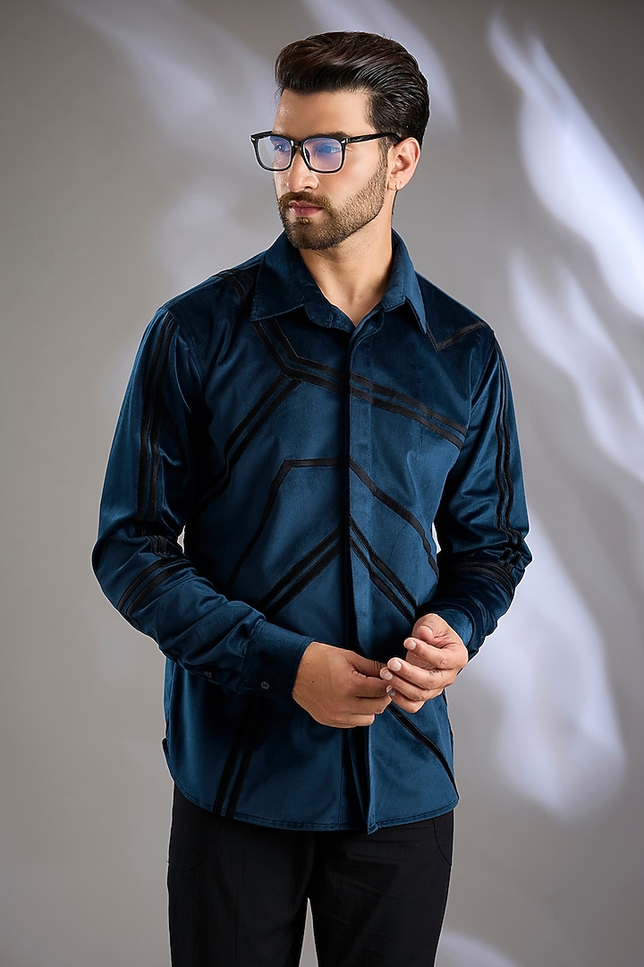 Blue Velvet Applique Embroidered Wedding Shirt by Arun Verma at Pernia's Pop Up Shop