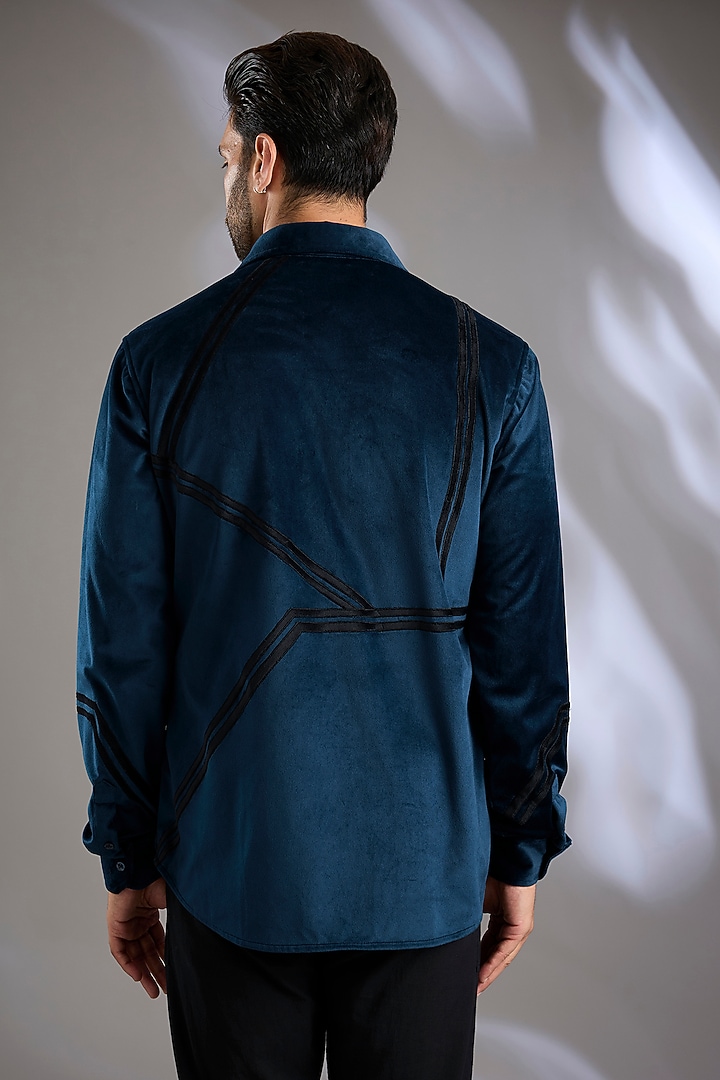 Blue Velvet Applique Embroidered Wedding Shirt by Arun Verma at Pernia's Pop Up Shop