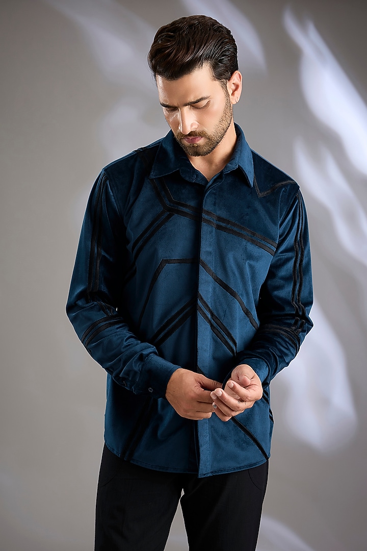 Blue Velvet Applique Embroidered Wedding Shirt by Arun Verma at Pernia's Pop Up Shop