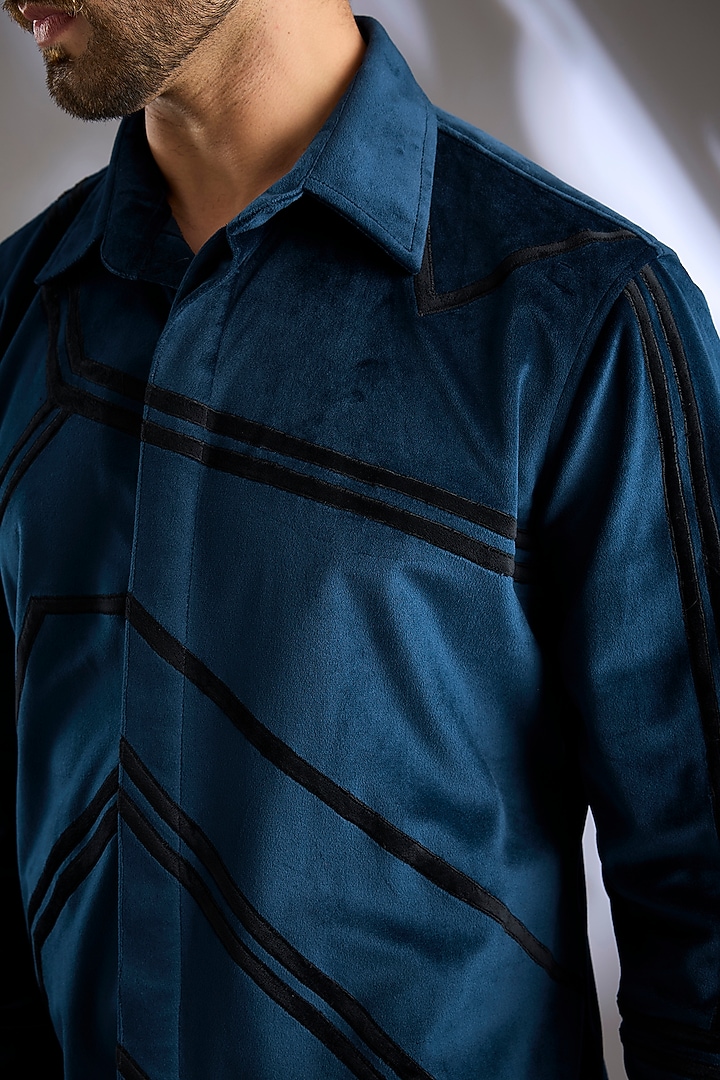 Blue Velvet Applique Embroidered Wedding Shirt by Arun Verma at Pernia's Pop Up Shop