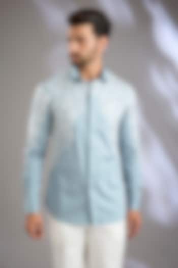 Pale Blue Cotton Satin Resham Embroidered Wedding Shirt by Arun Verma at Pernia's Pop Up Shop