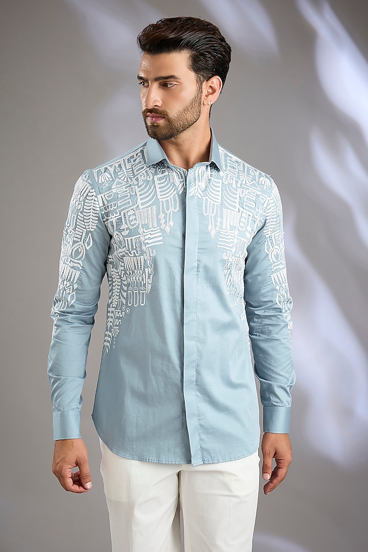 Pale Blue Cotton Satin Resham Embroidered Wedding Shirt by Arun Verma at Pernia's Pop Up Shop