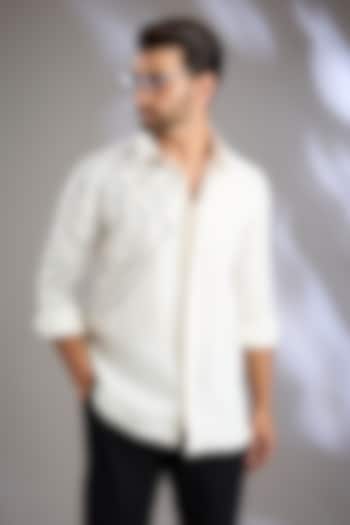 Ivory Linen Embroidered Wedding Shirt by Arun Verma at Pernia's Pop Up Shop