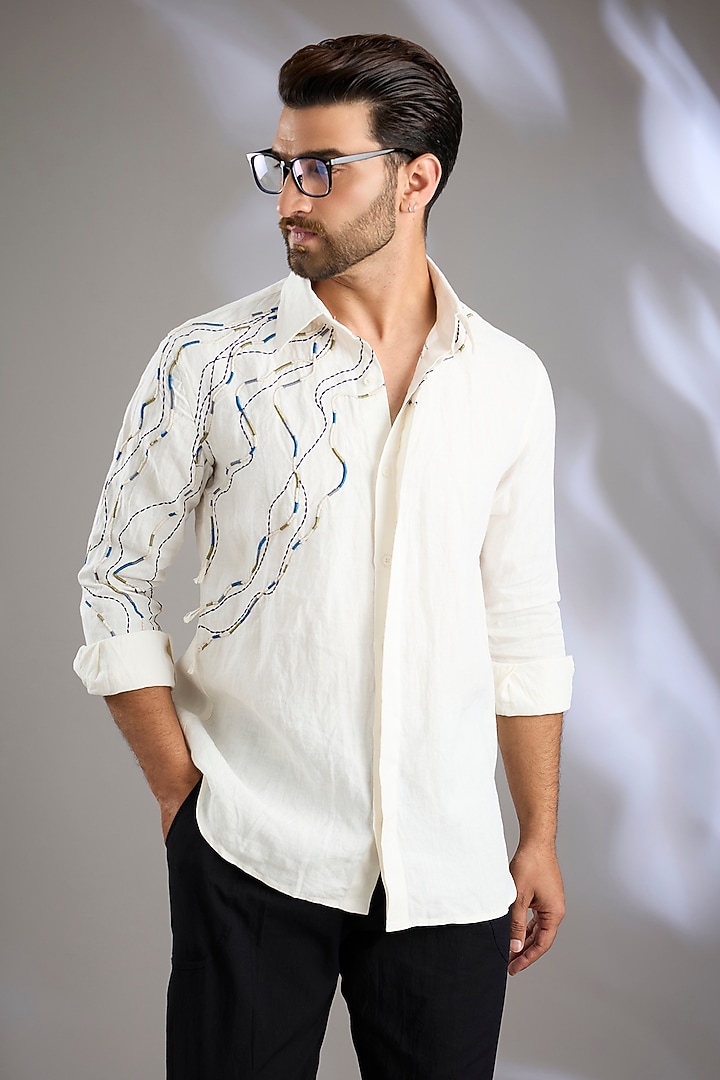 Ivory Linen Embroidered Wedding Shirt by Arun Verma at Pernia's Pop Up Shop