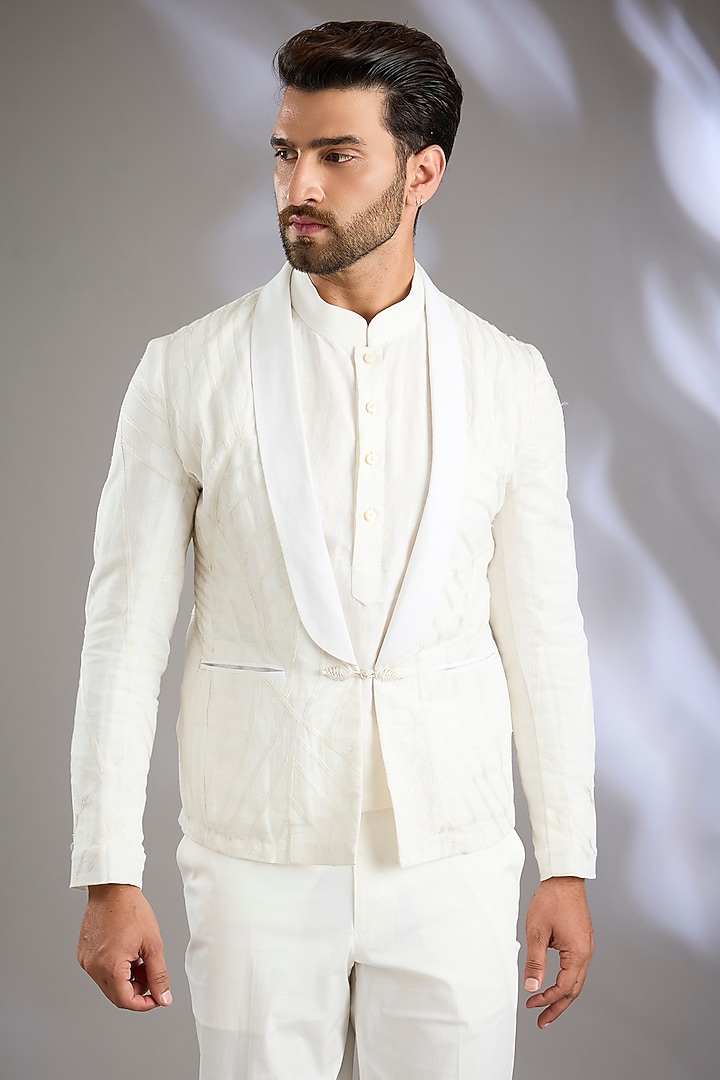 Ivory Linen Resham Embroidered Jacket by Arun Verma at Pernia's Pop Up Shop