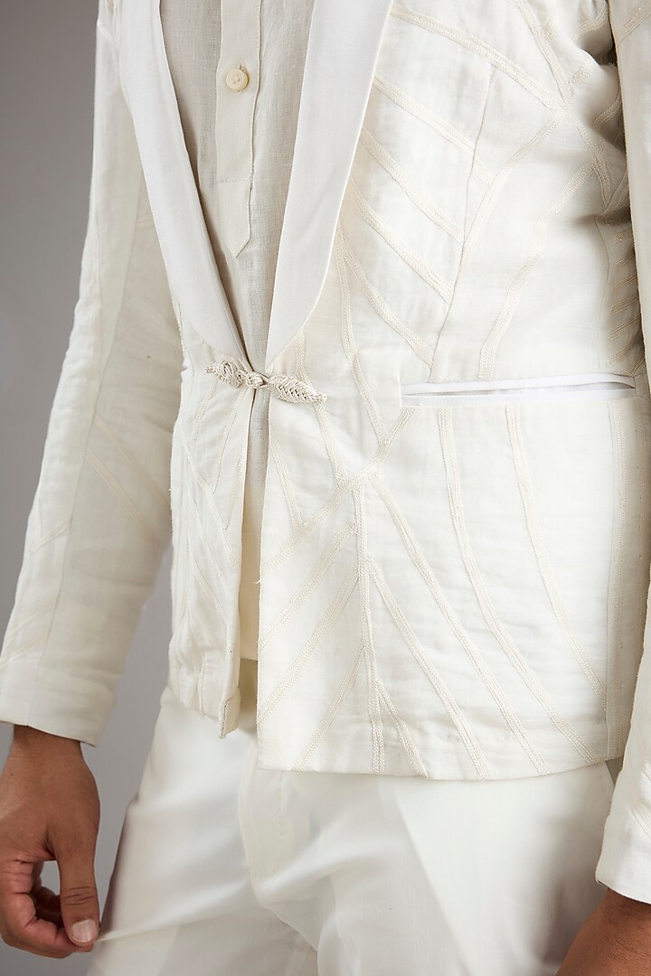 Ivory Linen Resham Embroidered Jacket by Arun Verma at Pernia's Pop Up Shop