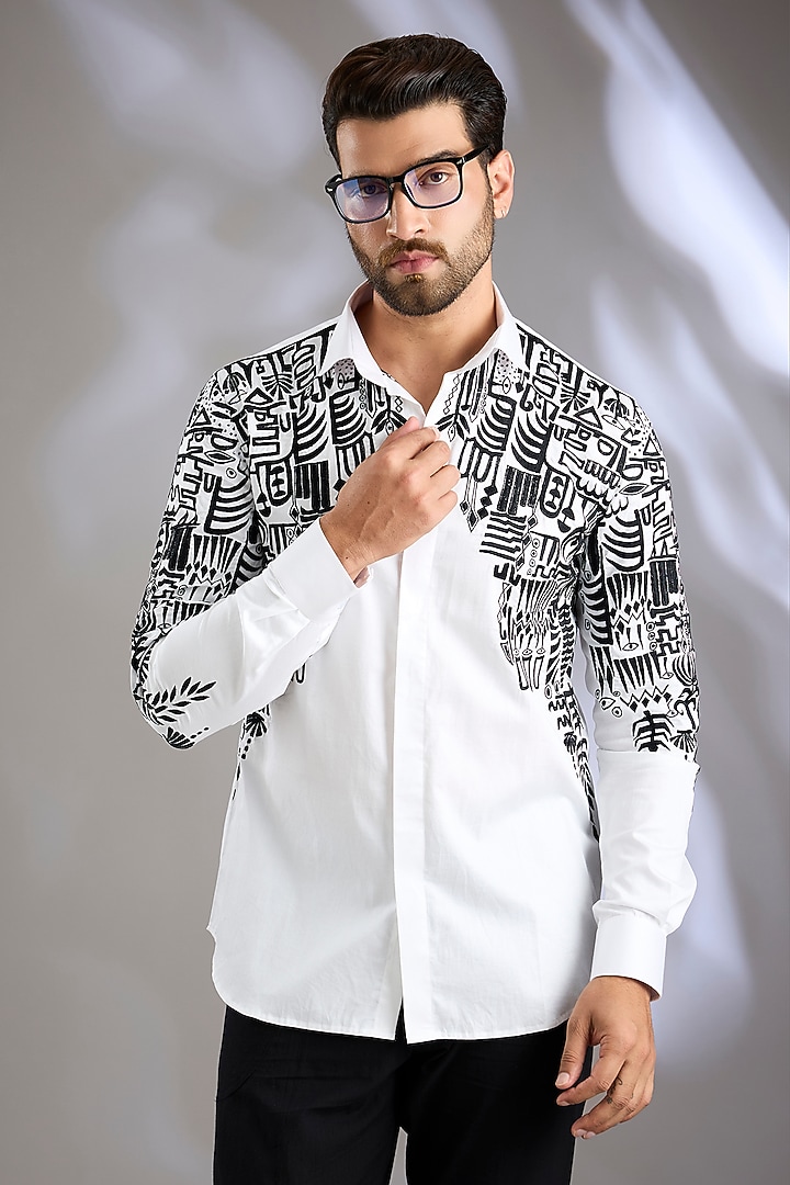 White Cotton Satin Resham Thread Embroidered Wedding Shirt by Arun Verma at Pernia's Pop Up Shop