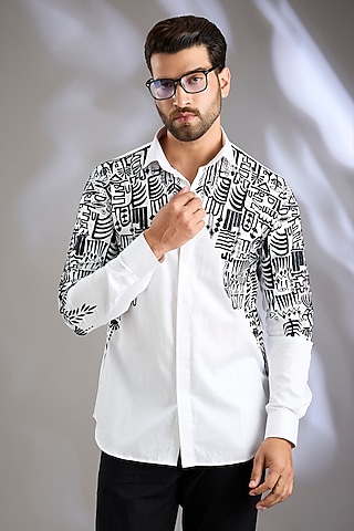White Cotton Satin Resham Thread Embroidered Shirt by Arun Verma