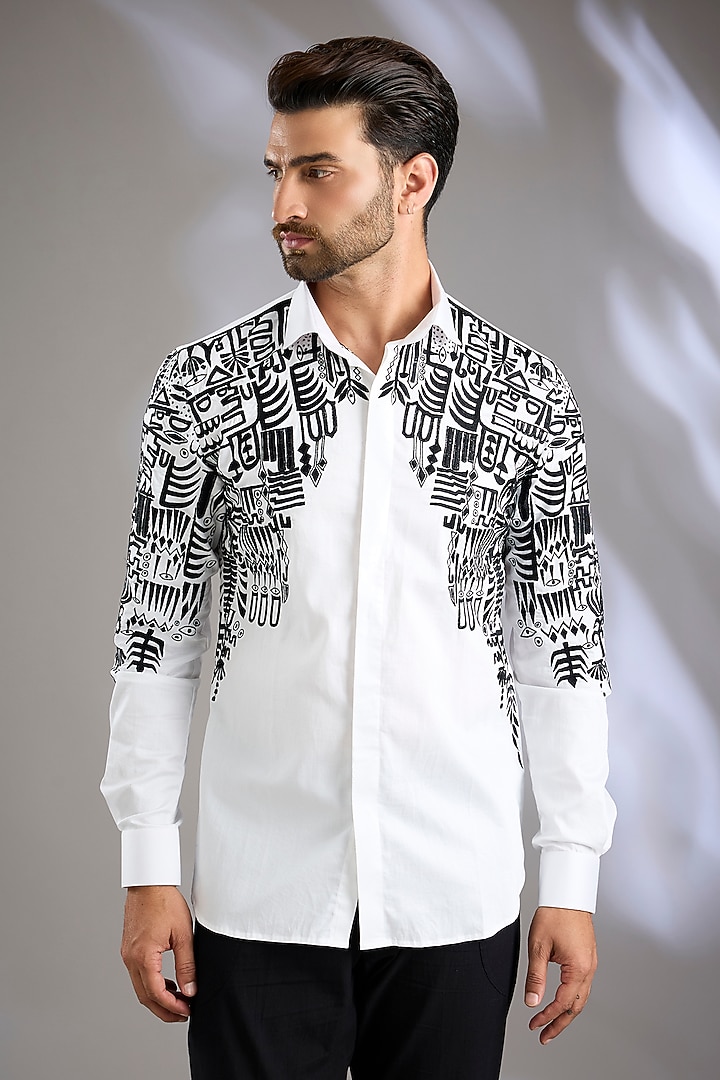 White Cotton Satin Resham Thread Embroidered Wedding Shirt by Arun Verma at Pernia's Pop Up Shop