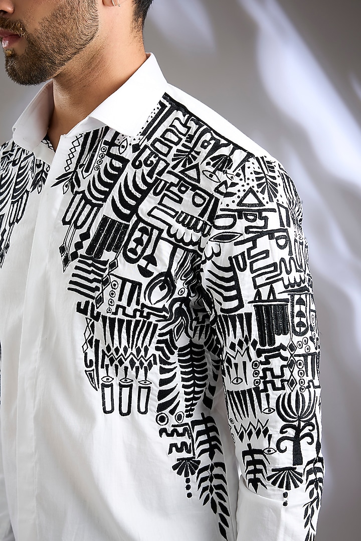 White Cotton Satin Resham Thread Embroidered Wedding Shirt by Arun Verma at Pernia's Pop Up Shop