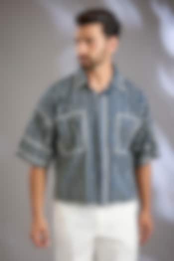 Blue Cotton Printed & Embroidered Party Wear Shirt by Arun Verma at Pernia's Pop Up Shop