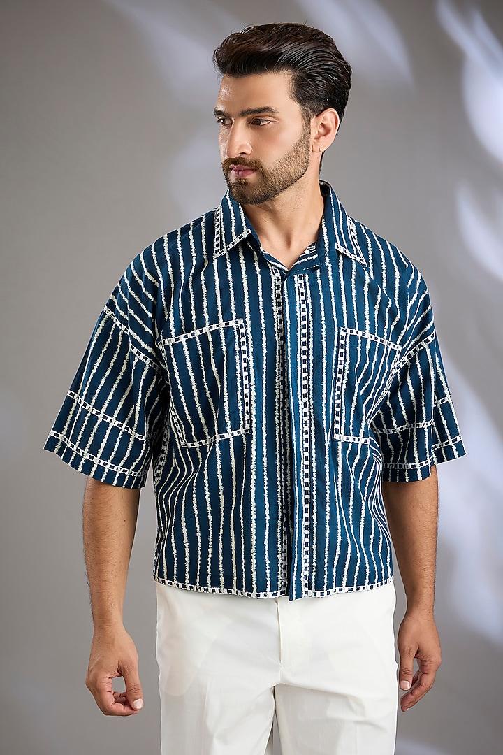 Blue Cotton Printed & Embroidered Party Wear Shirt by Arun Verma at Pernia's Pop Up Shop