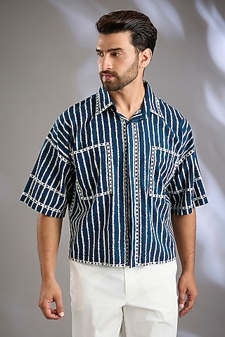 Blue Cotton Printed & Embroidered Shirt by Arun Verma