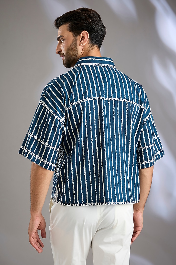 Blue Cotton Printed & Embroidered Party Wear Shirt by Arun Verma at Pernia's Pop Up Shop