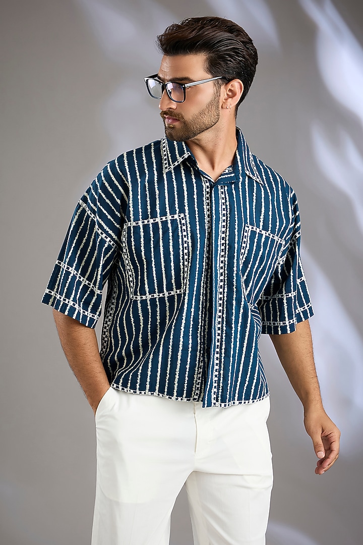 Blue Cotton Printed & Embroidered Party Wear Shirt by Arun Verma at Pernia's Pop Up Shop