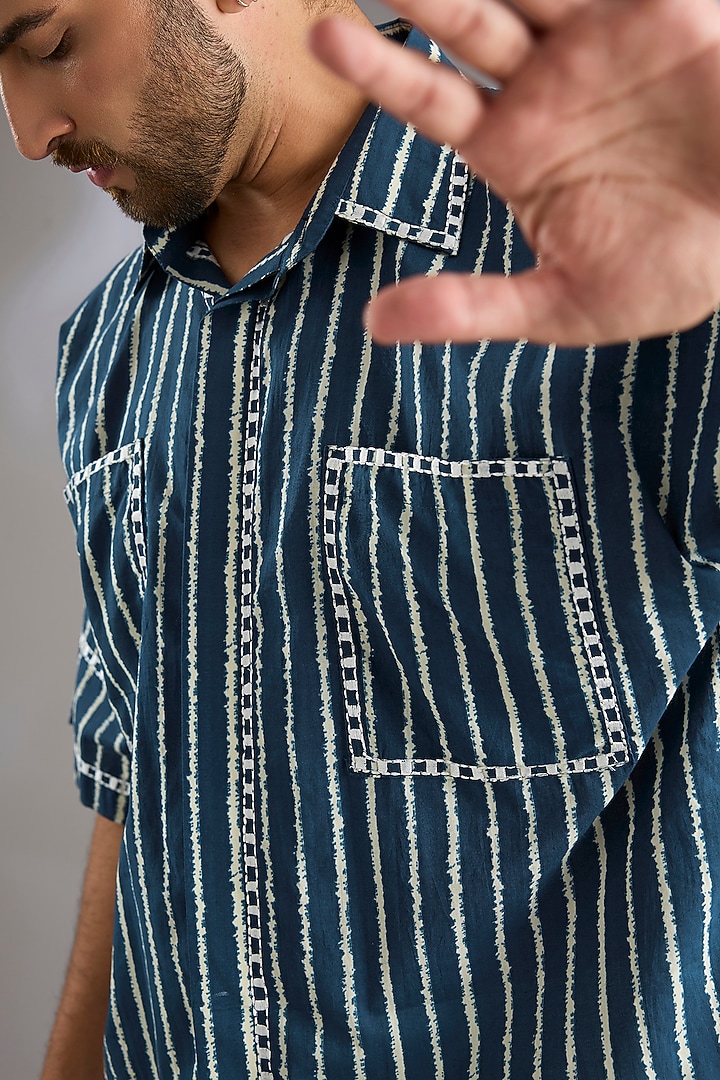 Blue Cotton Printed & Embroidered Party Wear Shirt by Arun Verma at Pernia's Pop Up Shop