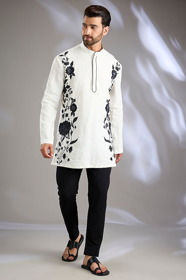 Ivory Linen Embroidered Kurta by Arun Verma at Pernia's Pop Up Shop