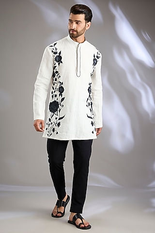 Ivory Linen Embroidered Kurta by Arun Verma