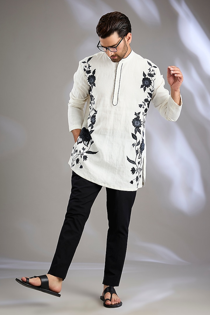 Ivory Linen Embroidered Kurta by Arun Verma at Pernia's Pop Up Shop