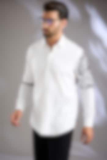 White Cotton Satin Resham Thread Embroidered Party Wear Shirt by Arun Verma at Pernia's Pop Up Shop