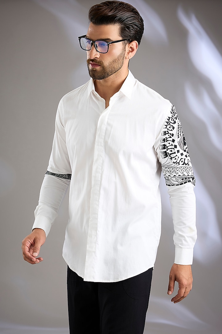White Cotton Satin Resham Thread Embroidered Party Wear Shirt by Arun Verma at Pernia's Pop Up Shop