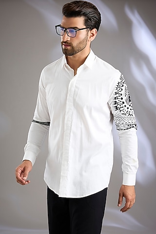 White Cotton Satin Resham Thread Embroidered Shirt by Arun Verma