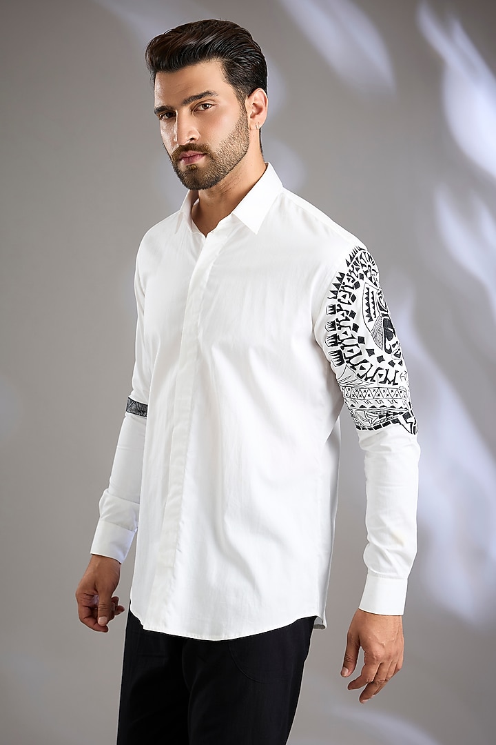 White Cotton Satin Resham Thread Embroidered Party Wear Shirt by Arun Verma at Pernia's Pop Up Shop