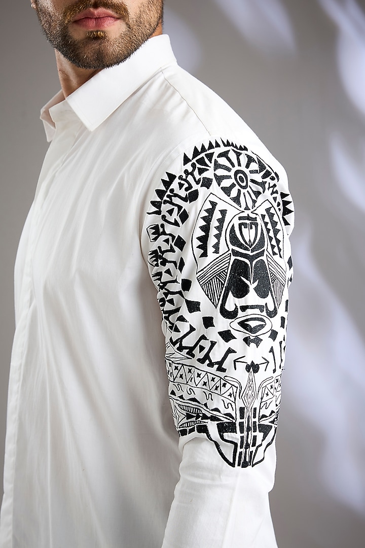 White Cotton Satin Resham Thread Embroidered Party Wear Shirt by Arun Verma at Pernia's Pop Up Shop