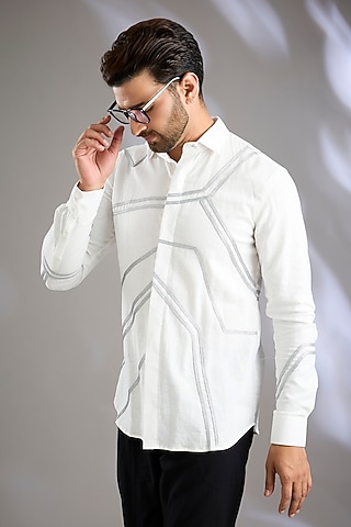 White Cotton Embroidered Shirt by Arun Verma