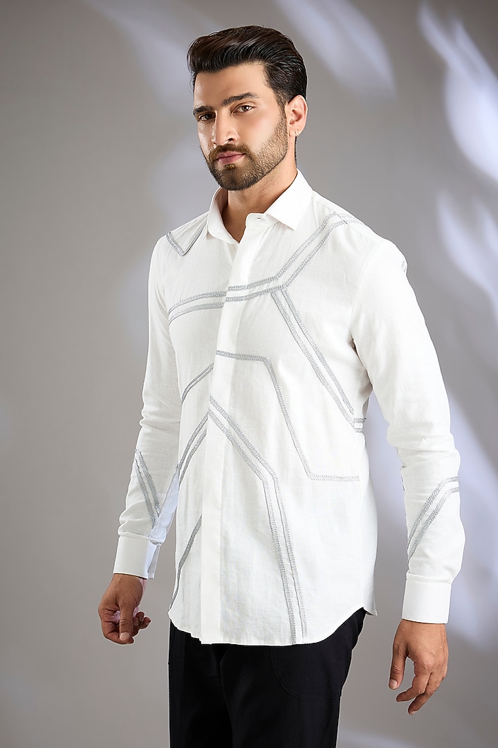 White Cotton Embroidered Wedding Shirt by Arun Verma at Pernia's Pop Up Shop
